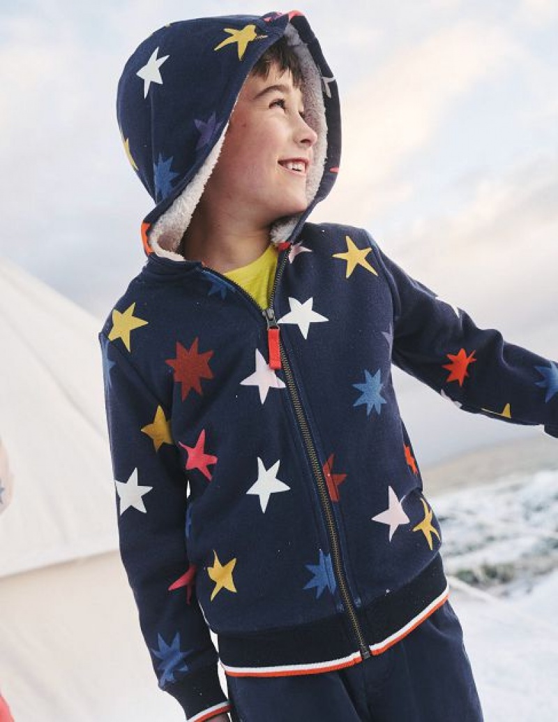 Navy Kids\' Boden Printed Shaggy-lined Hoodie | 62891DURN