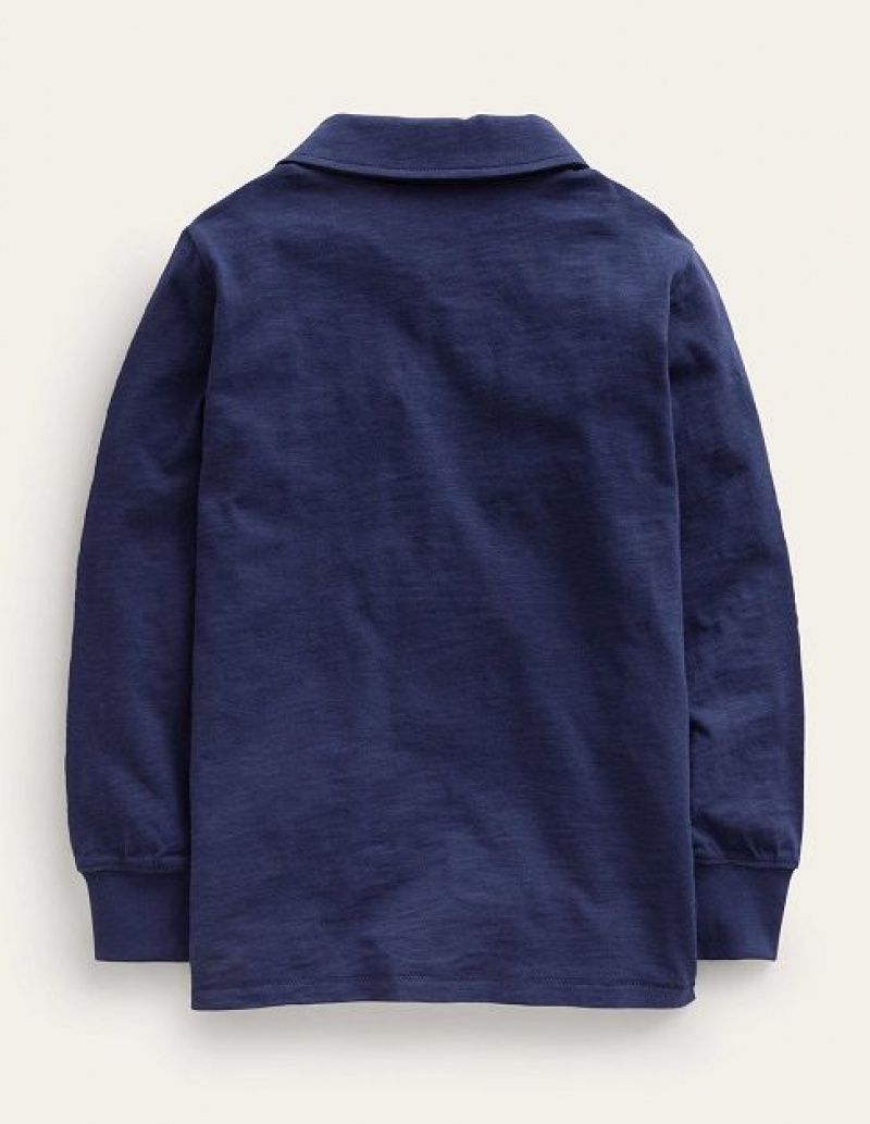 Navy Kids' Boden Slubbed Long-sleeve Polo Shirts | 82765GOSR