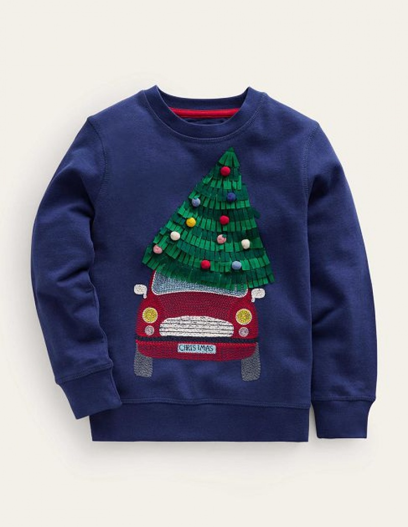 Navy Kids\' Boden Superstitch Christmas Tree Hoodie | 10642UFQC