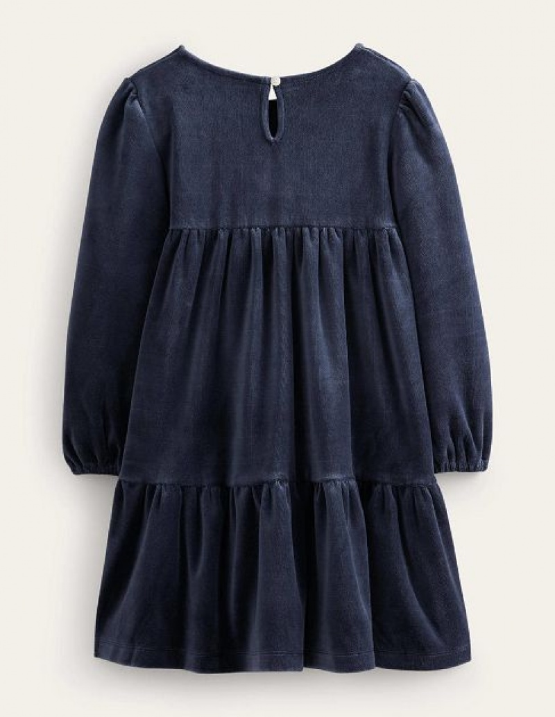 Navy Kids' Boden Tiered Velour Dress | 26057XFUN