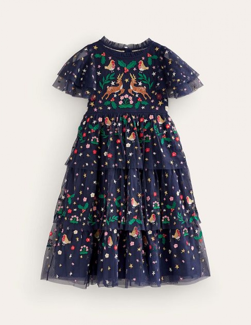 Navy Kids' Boden Tulle Embroidered Party Dress | 51207GXQJ