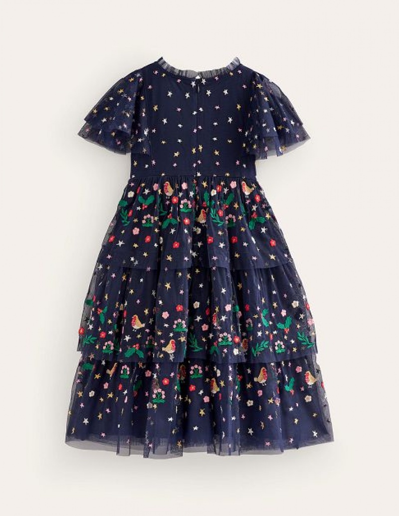 Navy Kids' Boden Tulle Embroidered Party Dress | 51207GXQJ