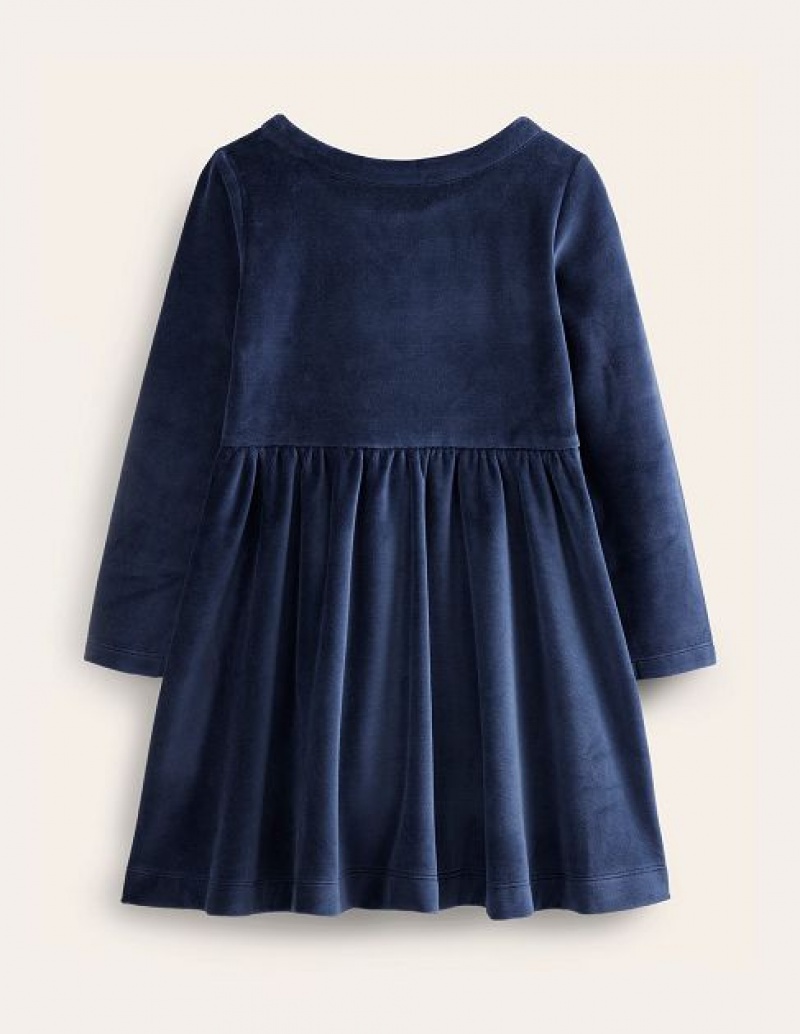 Navy Kids' Boden Twirly Velour Appliqué Dress | 84391HBIA