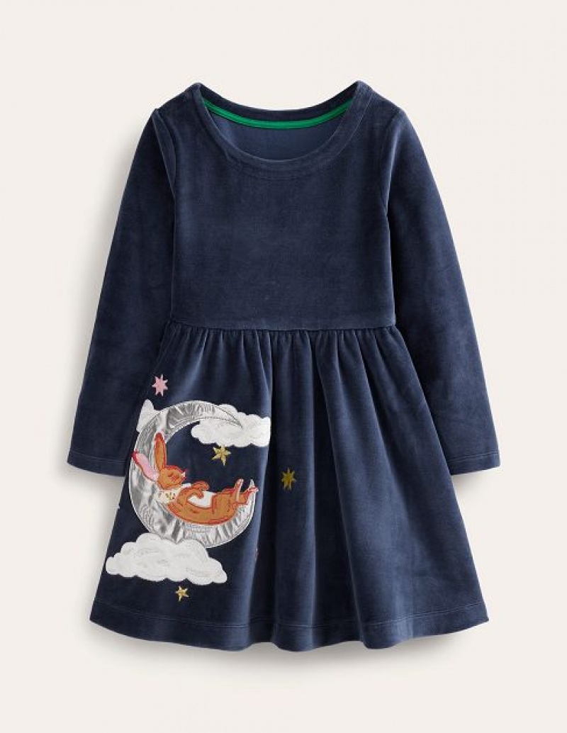 Navy Kids\' Boden Twirly Velour Appliqué Dress | 84391HBIA