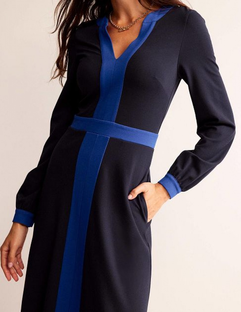 Navy Light Blue Women's Boden Colourblock Ponte Midi Dress | 15430OTWE