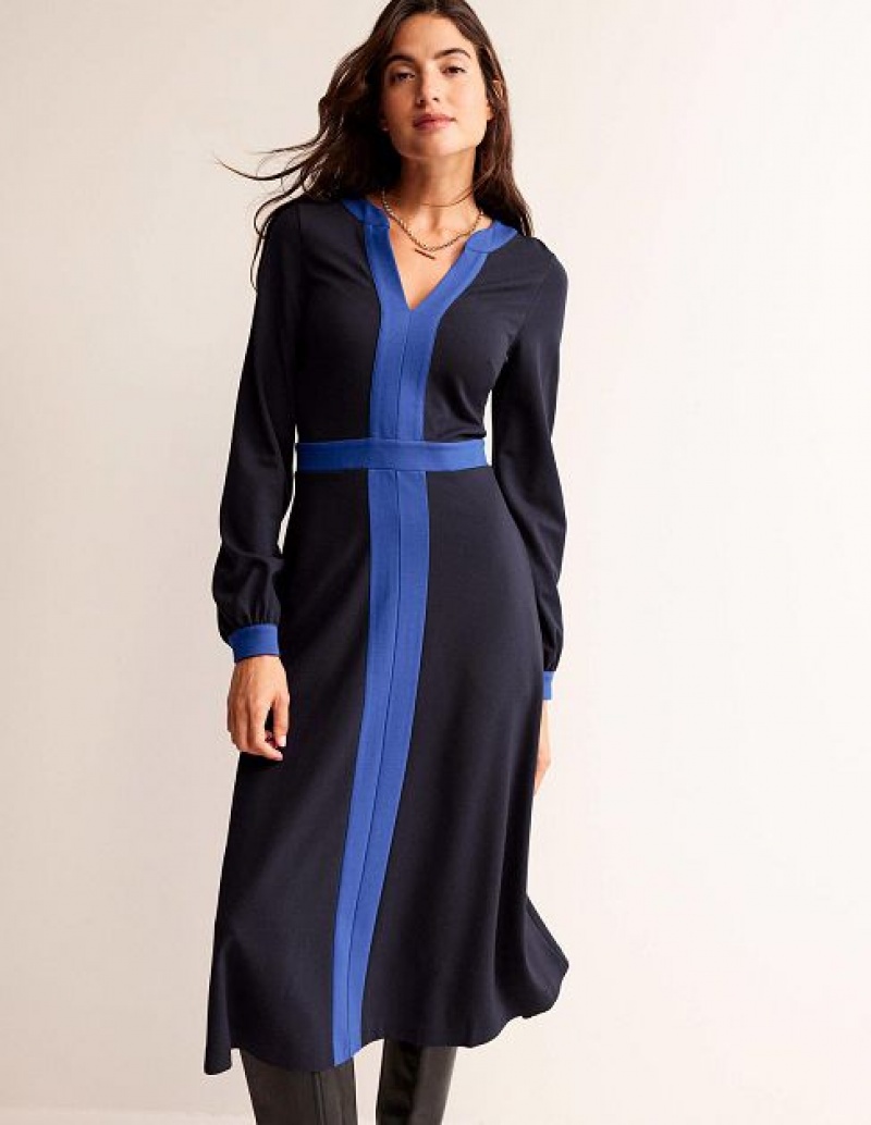 Navy Light Blue Women's Boden Colourblock Ponte Midi Dress | 15430OTWE