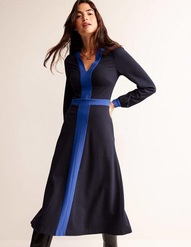 Navy Light Blue Women\'s Boden Colourblock Ponte Midi Dress | 15430OTWE