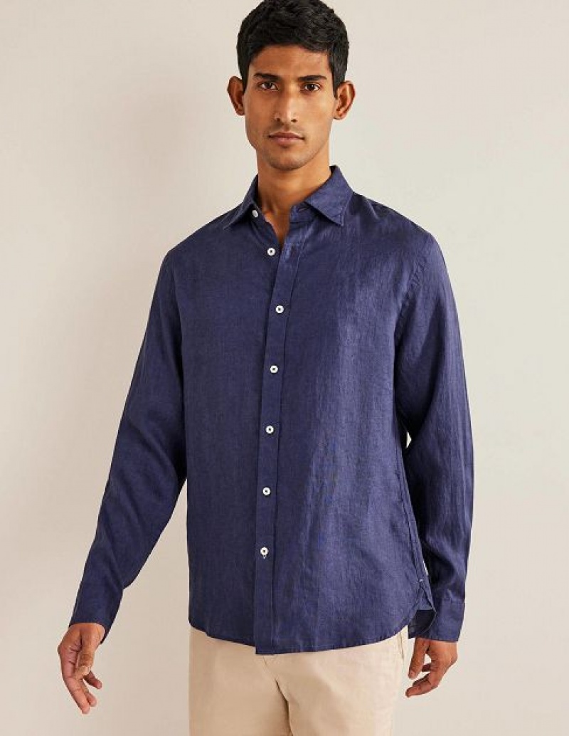 Navy Men's Boden Cutaway Collar Linen Shirts | 83614SLMT