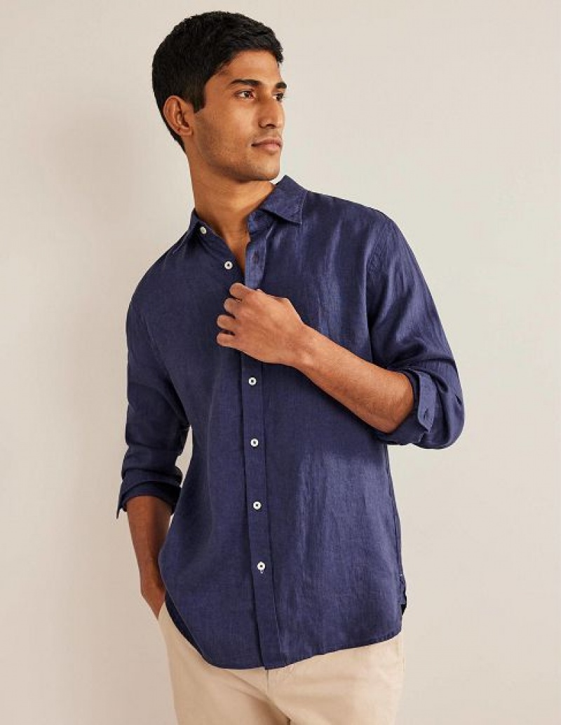 Navy Men\'s Boden Cutaway Collar Linen Shirts | 83614SLMT