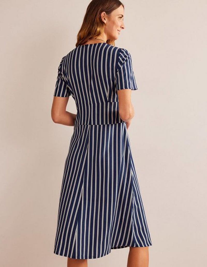 Navy White Stripes Women's Boden Striped Asymmetric Midi Dress | 85731NHUS