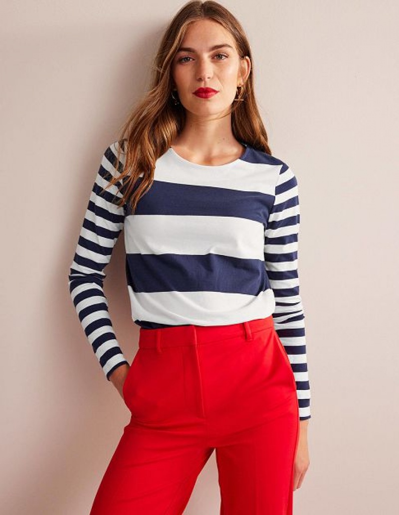 Navy White Women's Boden Bea Long Sleeve Breton T-Shirt | 04956SKTB