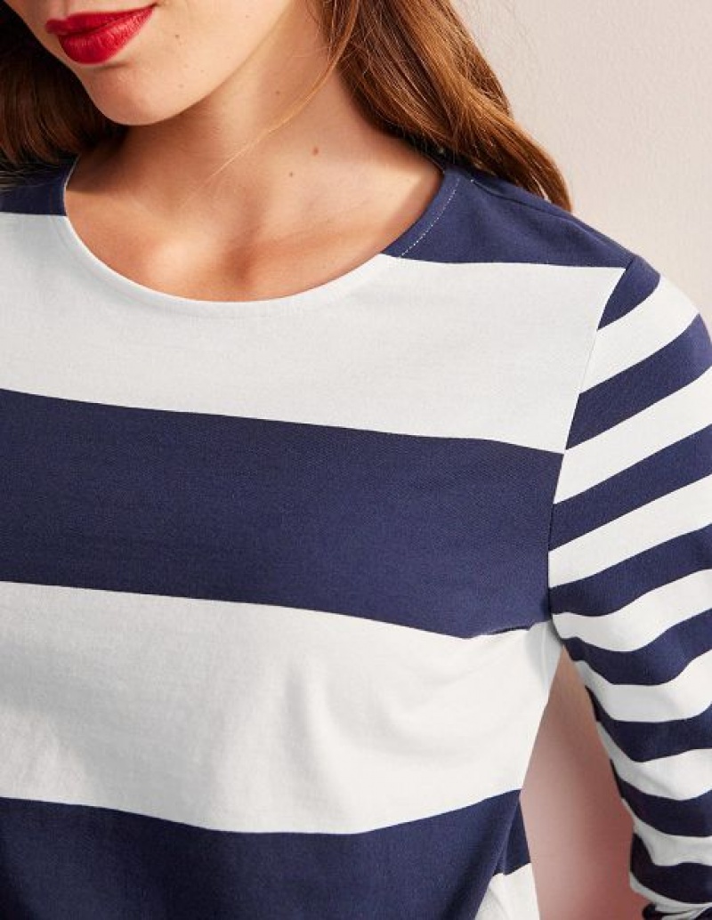 Navy White Women's Boden Bea Long Sleeve Breton T-Shirt | 04956SKTB