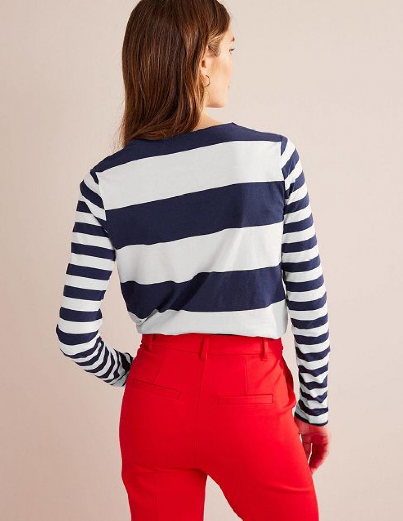 Navy White Women's Boden Bea Long Sleeve Breton T-Shirt | 04956SKTB