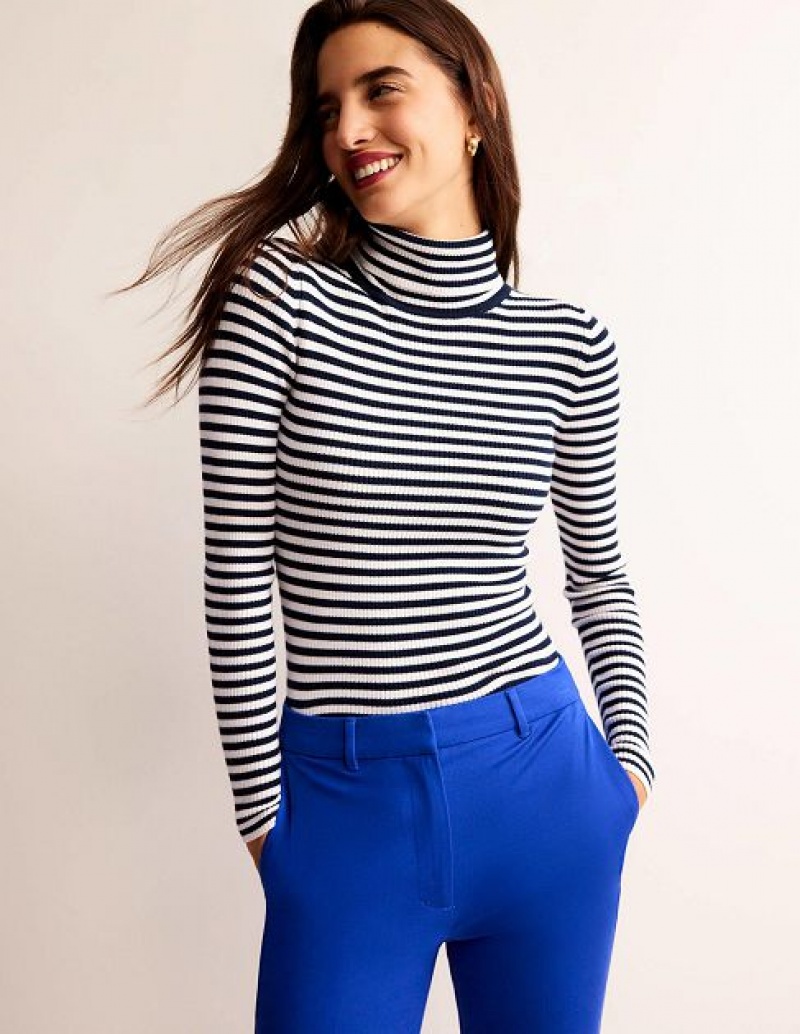 Navy White Women\'s Boden Ellie Cotton Roll-neck Sweaters | 65270HDCX