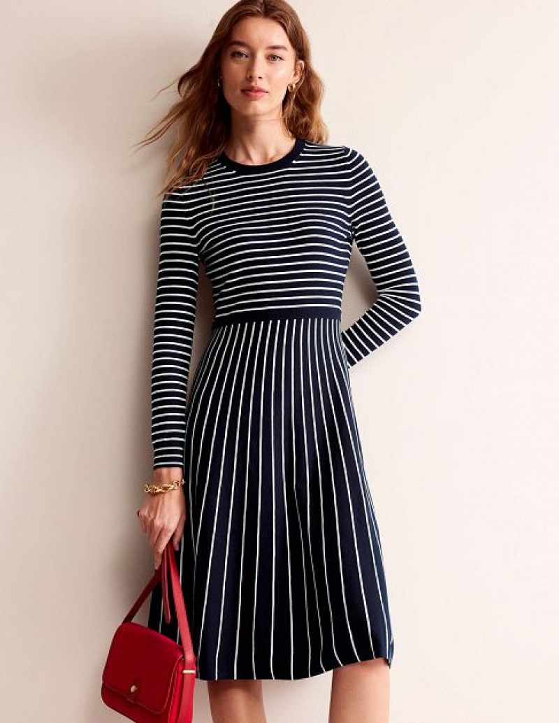 Navy White Women's Boden Maria Midi Dress | 06895UIKT