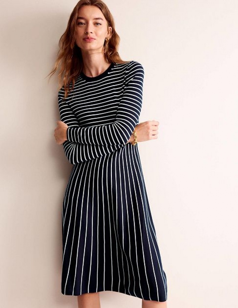 Navy White Women\'s Boden Maria Midi Dress | 06895UIKT