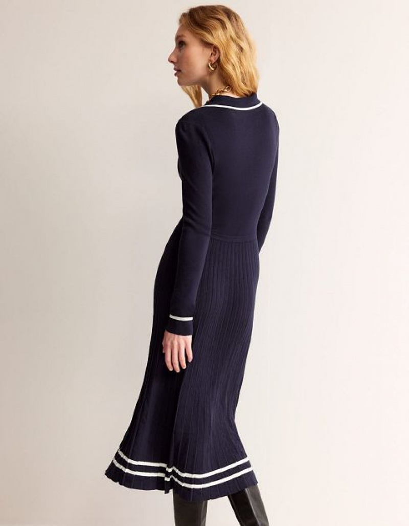 Navy White Women's Boden Mollie Pleated Knitted Dress | 35128CASP