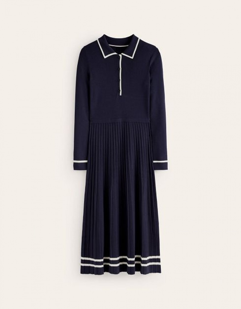 Navy White Women's Boden Mollie Pleated Knitted Dress | 35128CASP