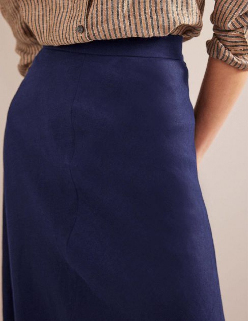 Navy Women's Boden Bias Linen Skirts | 71389IRDM