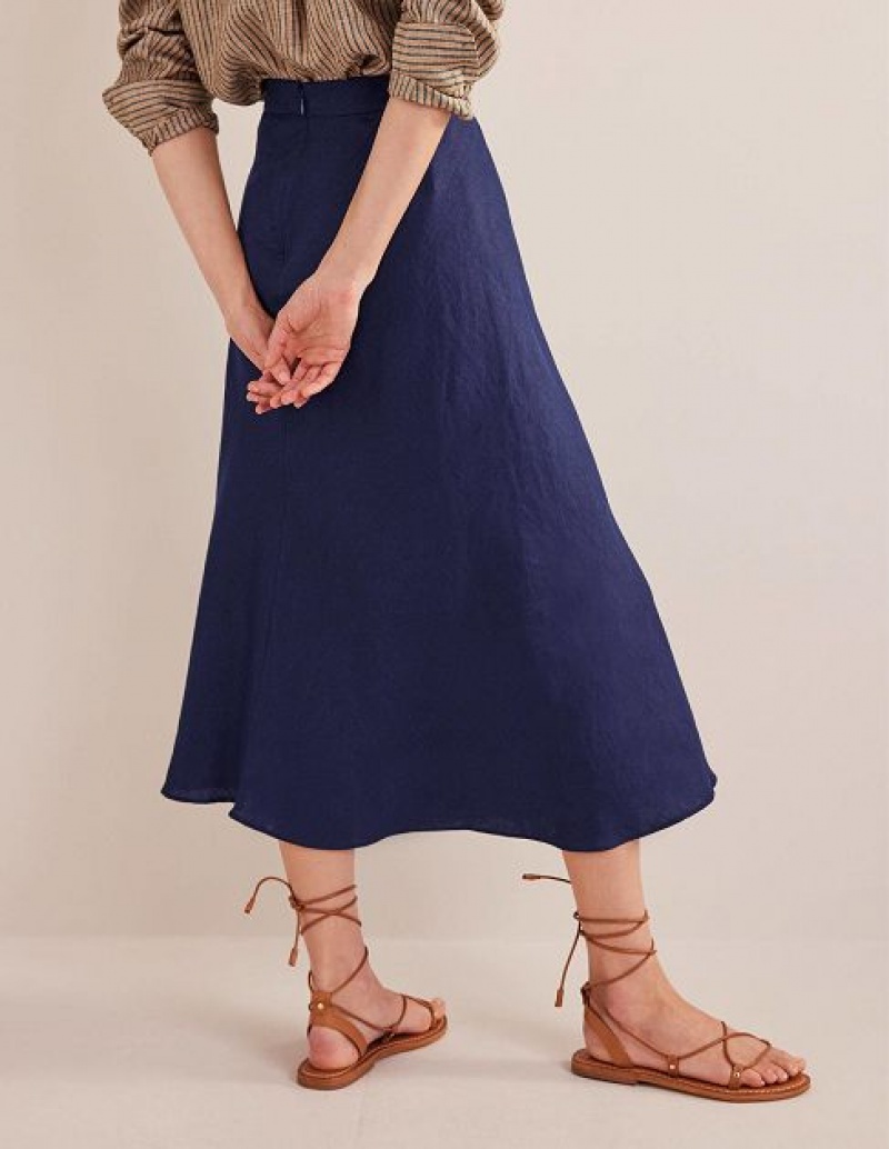 Navy Women's Boden Bias Linen Skirts | 71389IRDM