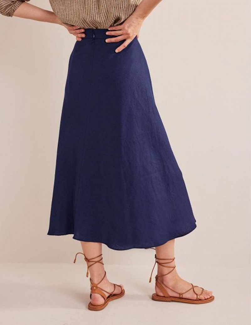 Navy Women's Boden Bias Linen Skirts | 71389IRDM