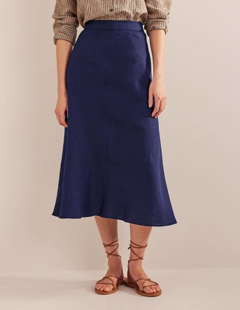 Navy Women's Boden Bias Linen Skirts | 71389IRDM