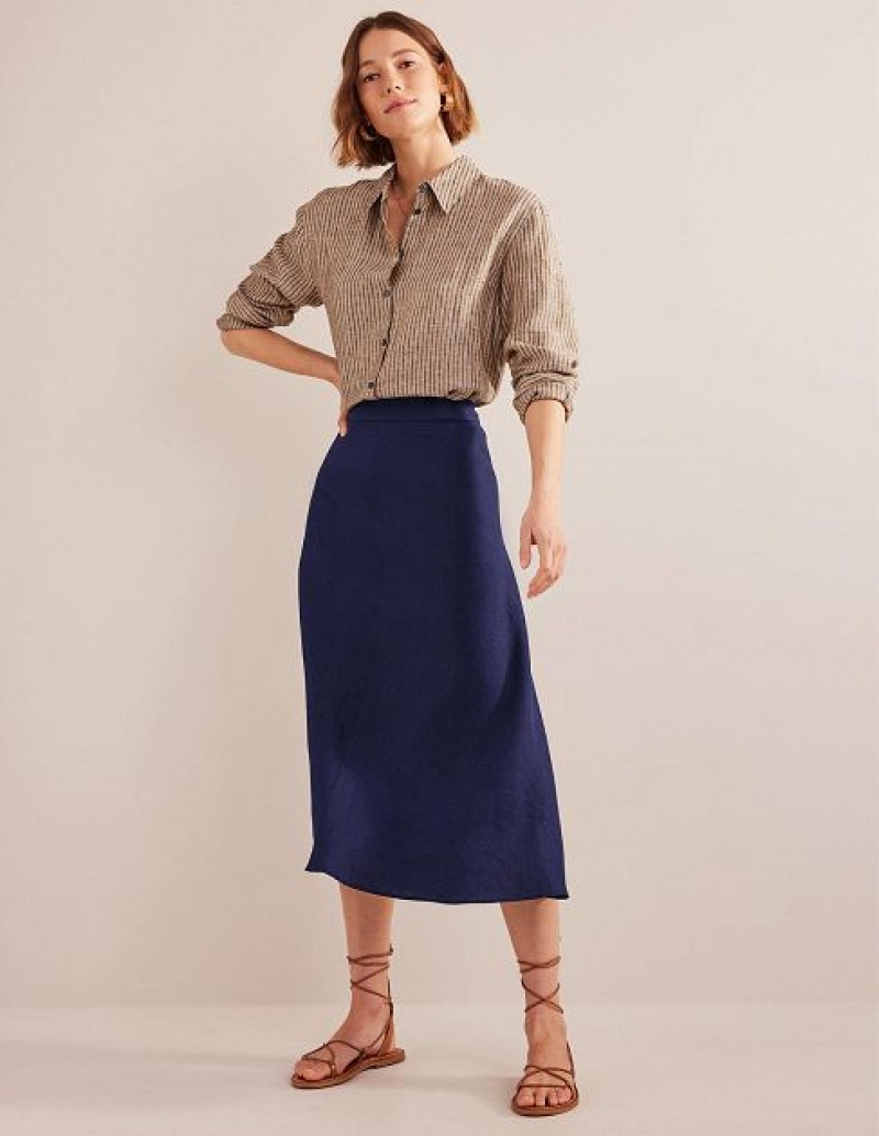 Navy Women\'s Boden Bias Linen Skirts | 71389IRDM