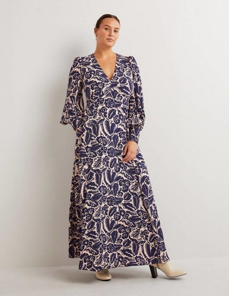 Navy Women\'s Boden Blouson Sleeve Maxi Dress | 09138FWDH