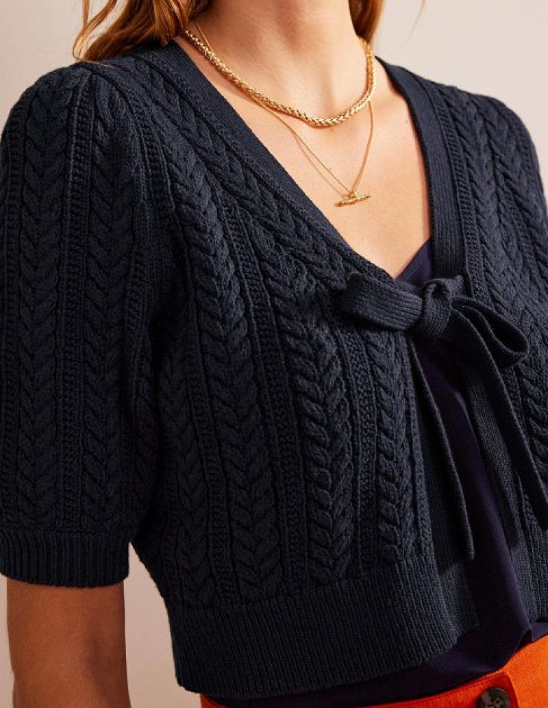 Navy Women's Boden Bow-trim Cropped Cardigan | 98732WDAV