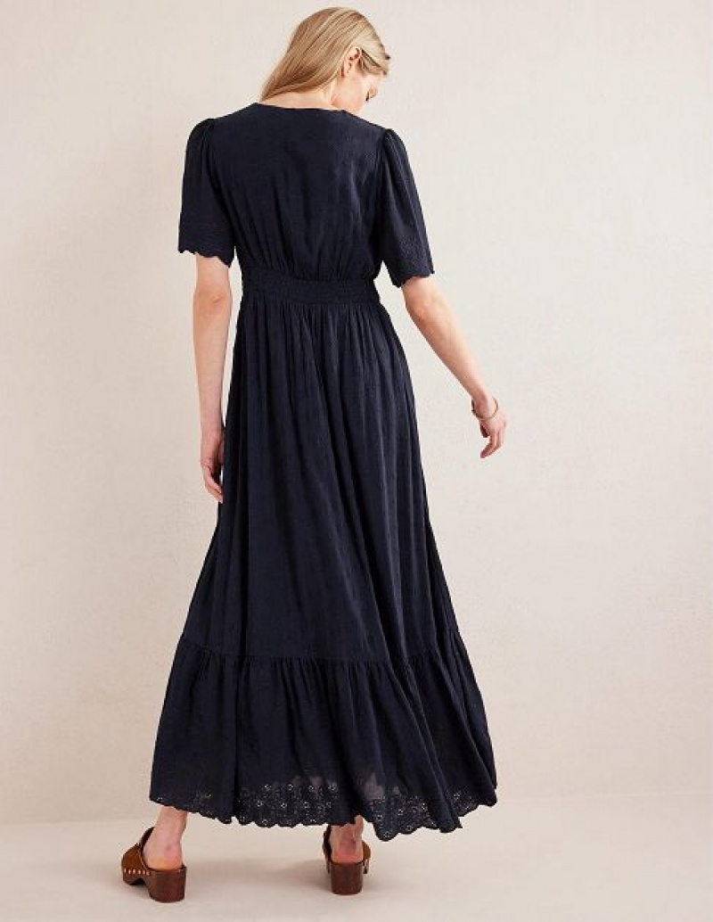 Navy Women's Boden Broderie Maxi Dress | 05263QNMH