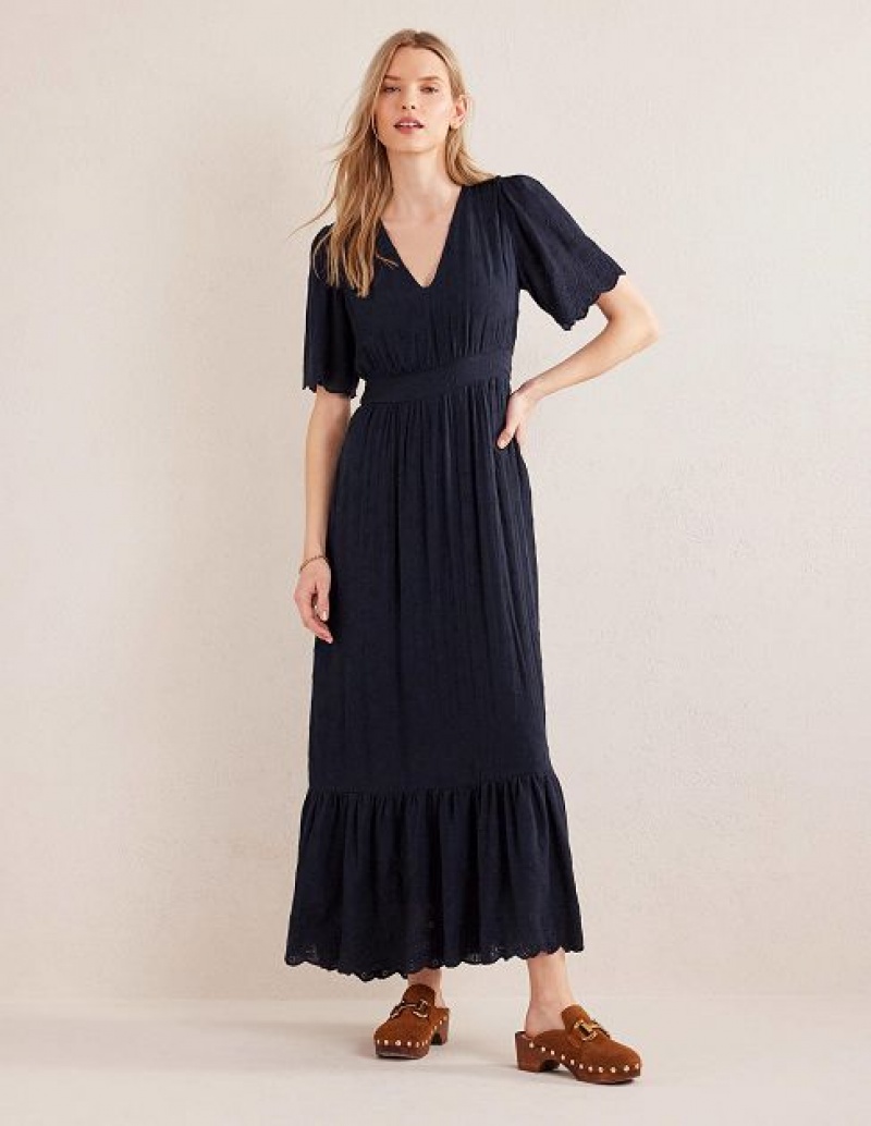 Navy Women's Boden Broderie Maxi Dress | 05263QNMH