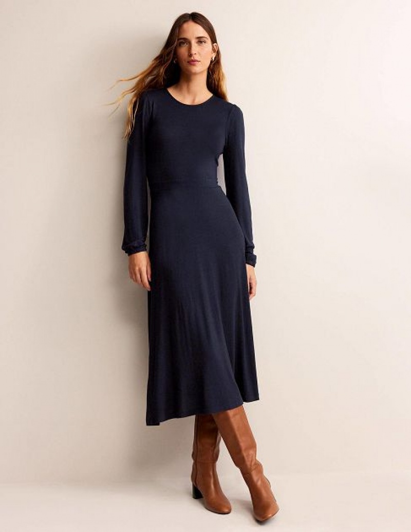 Navy Women's Boden Camille Jersey Midi Dress | 41850LQYH