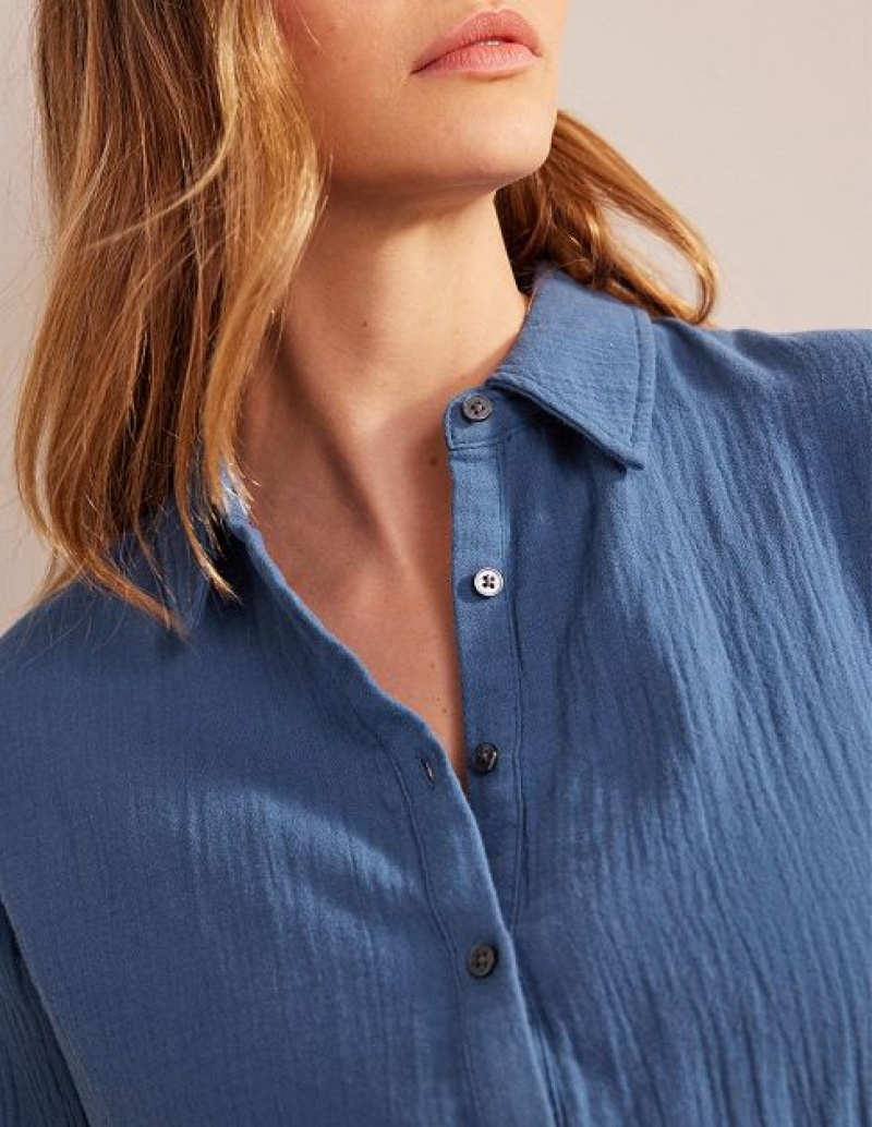 Navy Women's Boden Cotton Texture Shirts | 24590DJUH