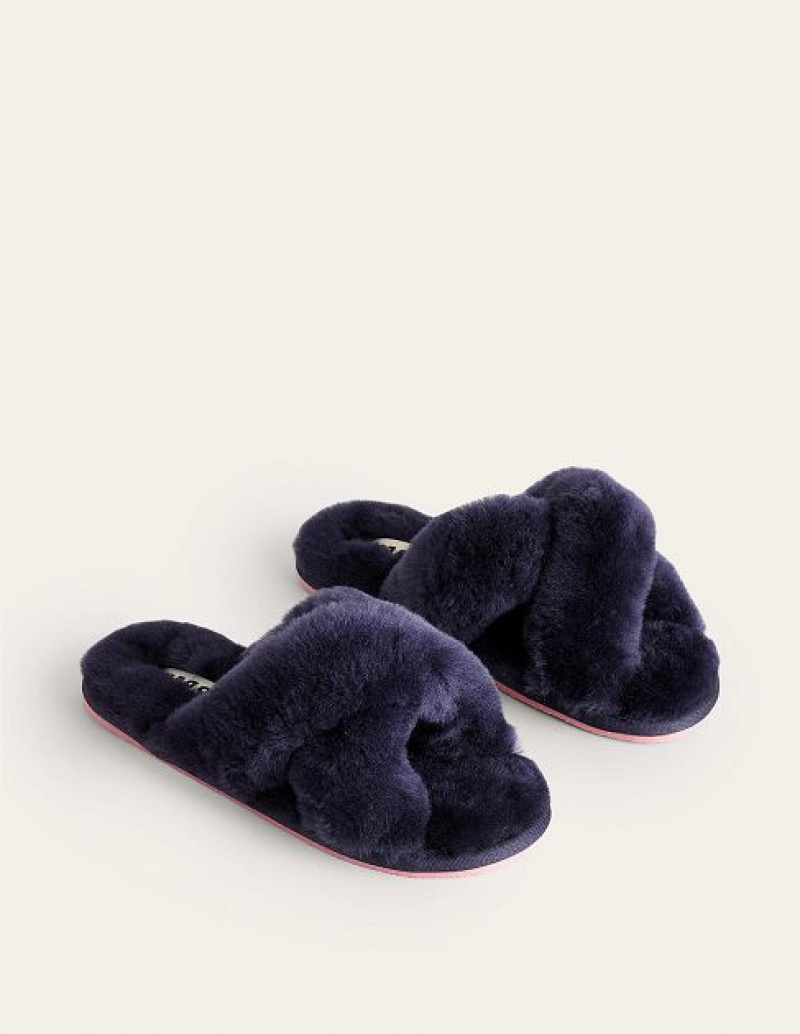 Navy Women's Boden Cross Over Slider Slippers | 79643IBGQ