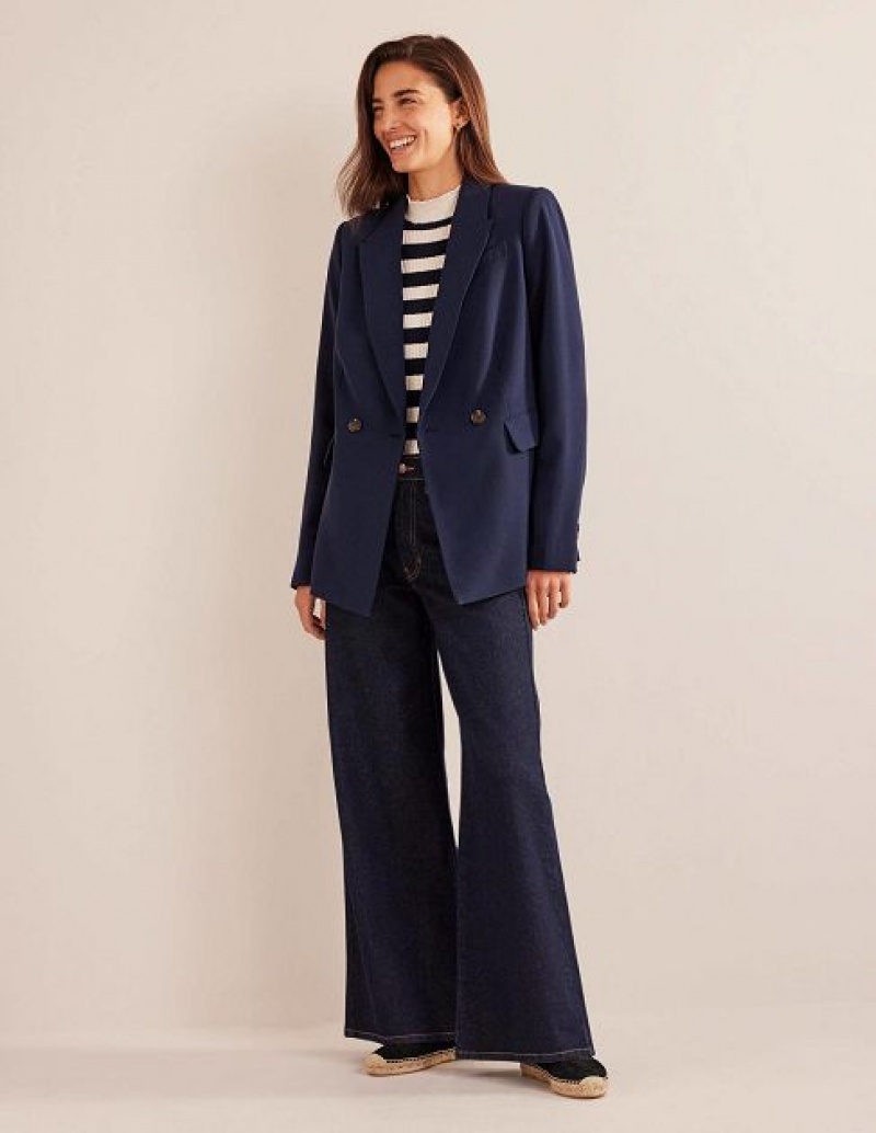 Navy Women's Boden Double Breasted Crepe Blazers | 09312ONDZ