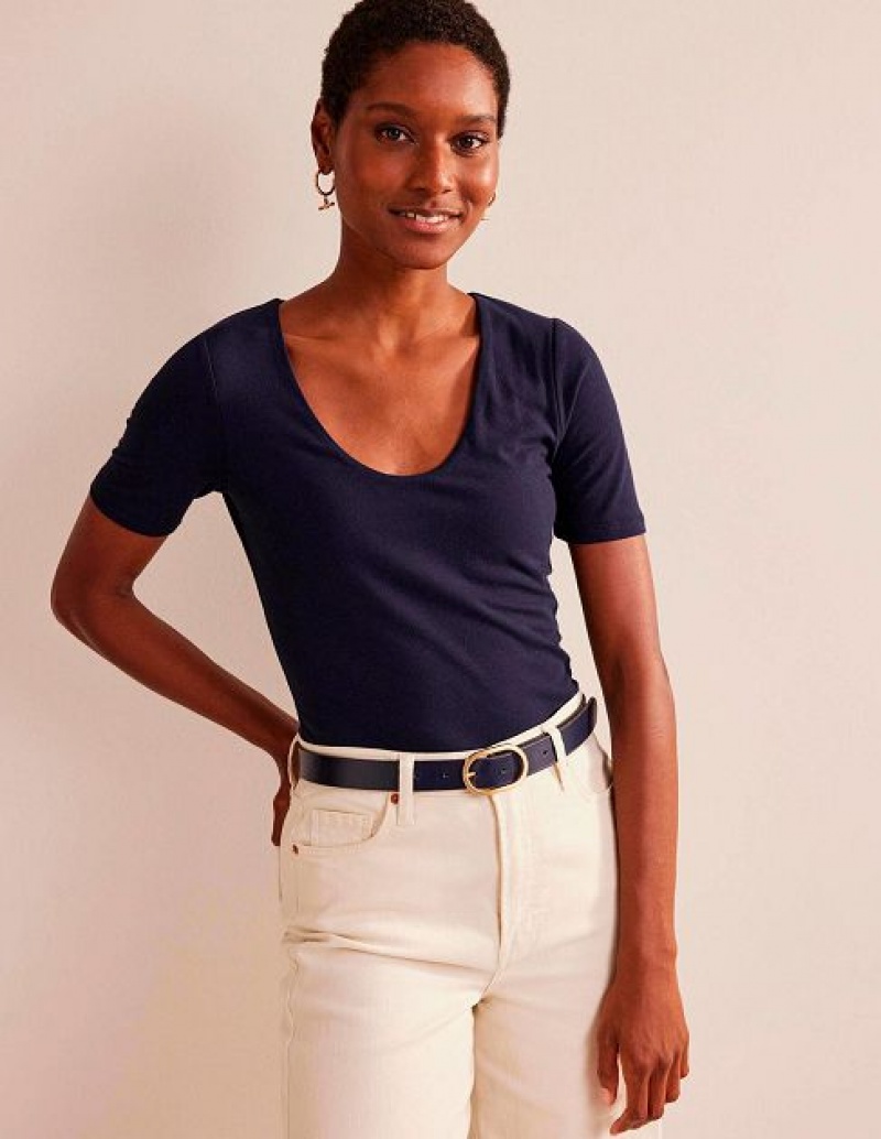 Navy Women\'s Boden Double Layer Short Sleeve Tops | 38592OCIK