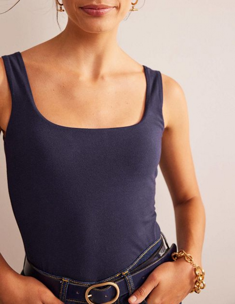 Navy Women's Boden Double Layer Square Neck Tanks | 45809DRFY