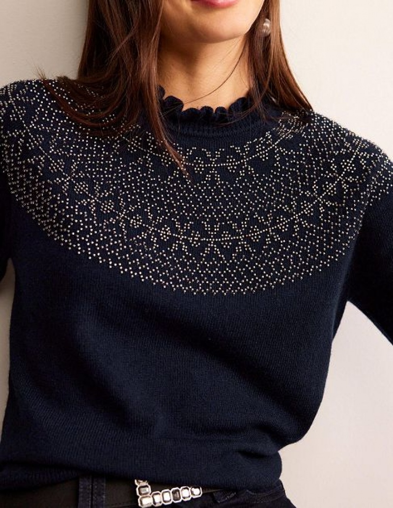 Navy Women's Boden Embellished Yoke Sweaters | 61349QNYU