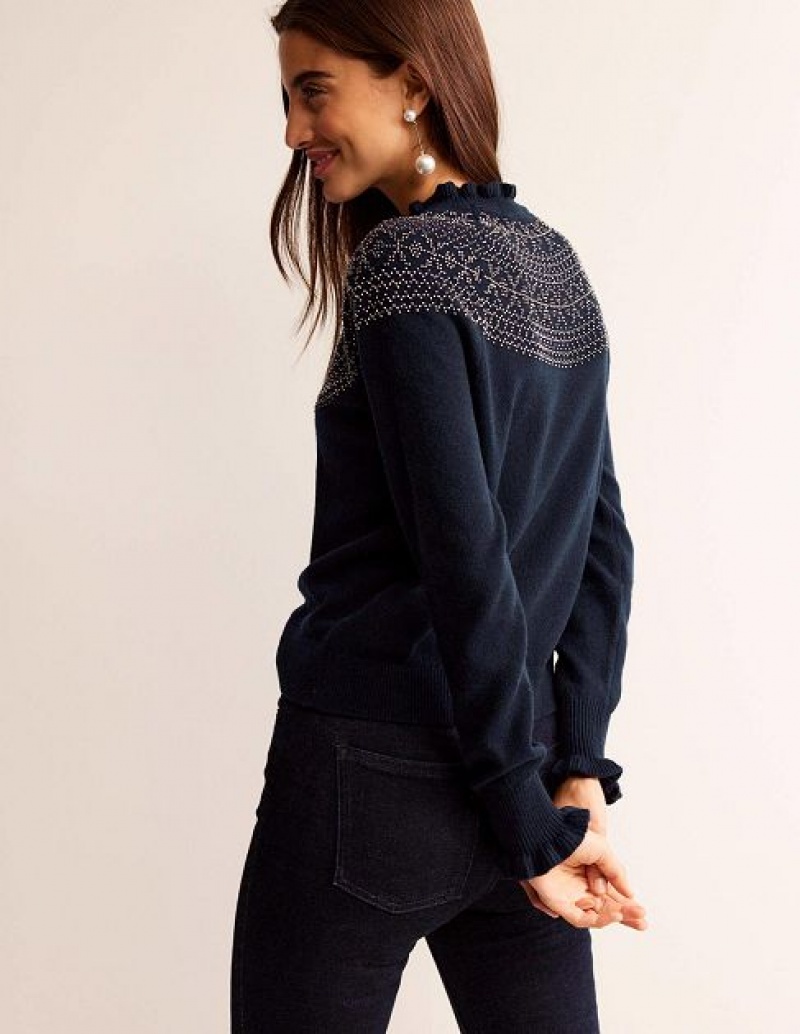 Navy Women's Boden Embellished Yoke Sweaters | 61349QNYU