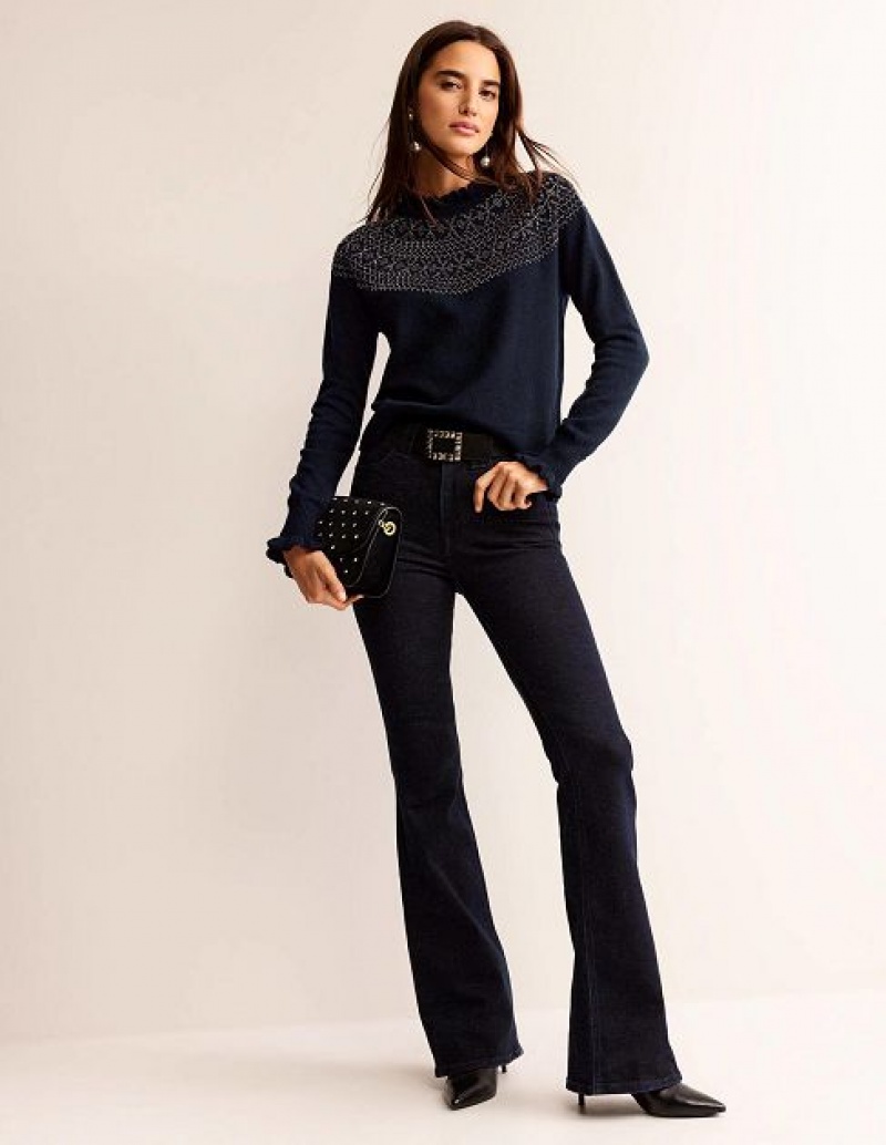 Navy Women's Boden Embellished Yoke Sweaters | 61349QNYU