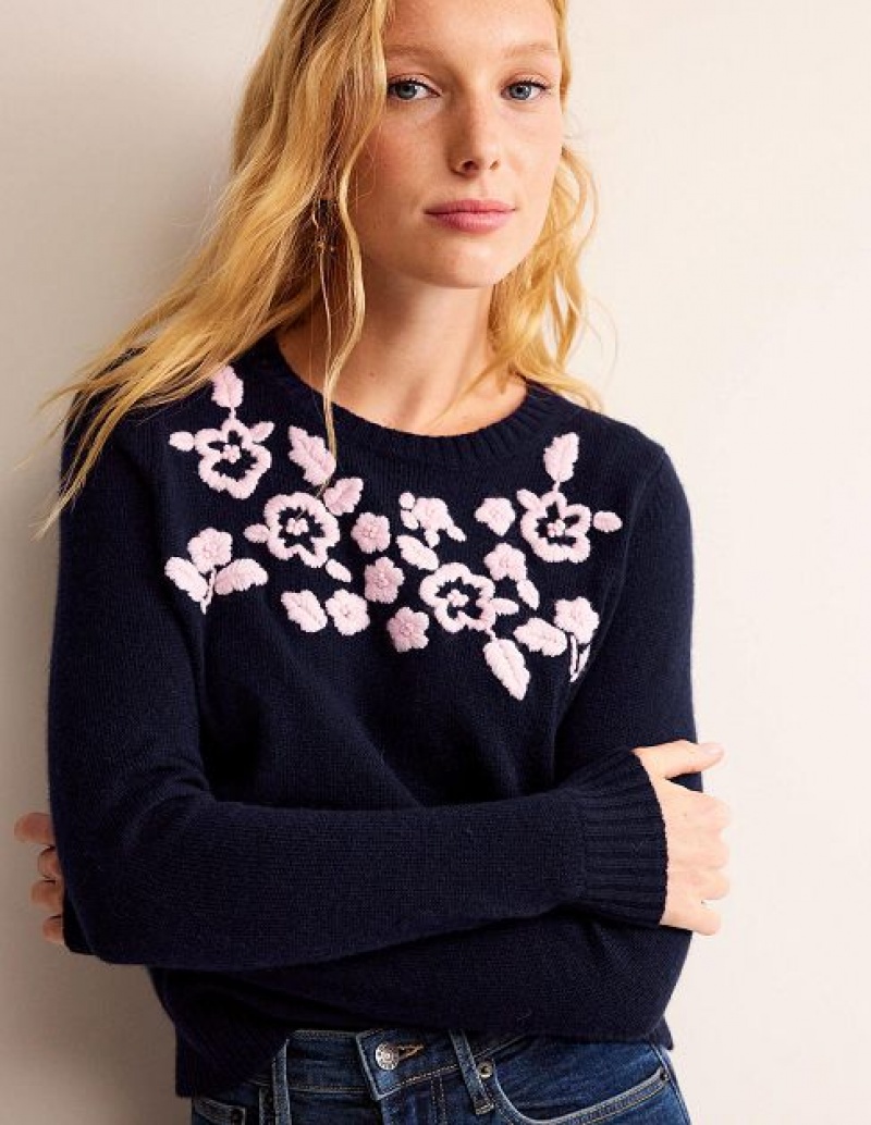 Navy Women's Boden Embroidered Crew-neck Sweaters | 98064JOFW