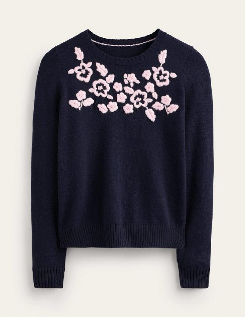 Navy Women's Boden Embroidered Crew-neck Sweaters | 98064JOFW