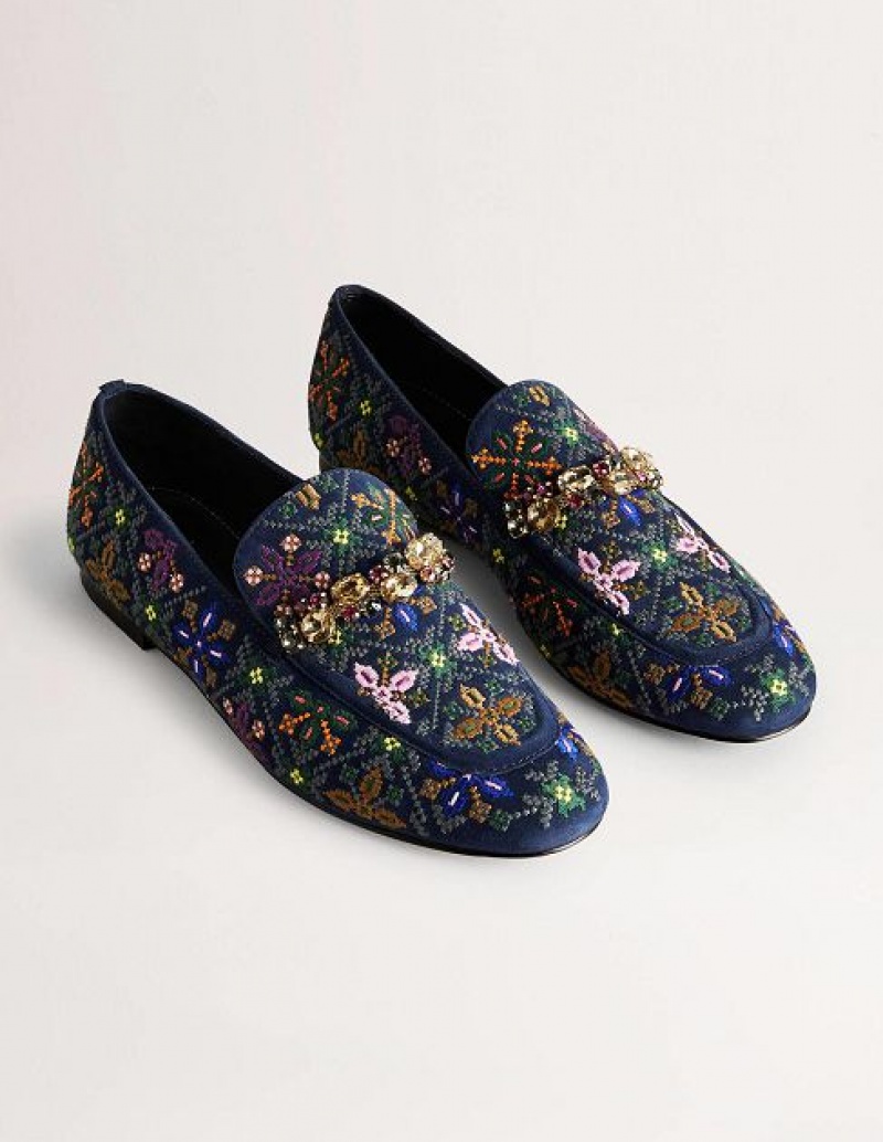 Navy Women's Boden Embroidered Suede Loafers | 07659BCPO