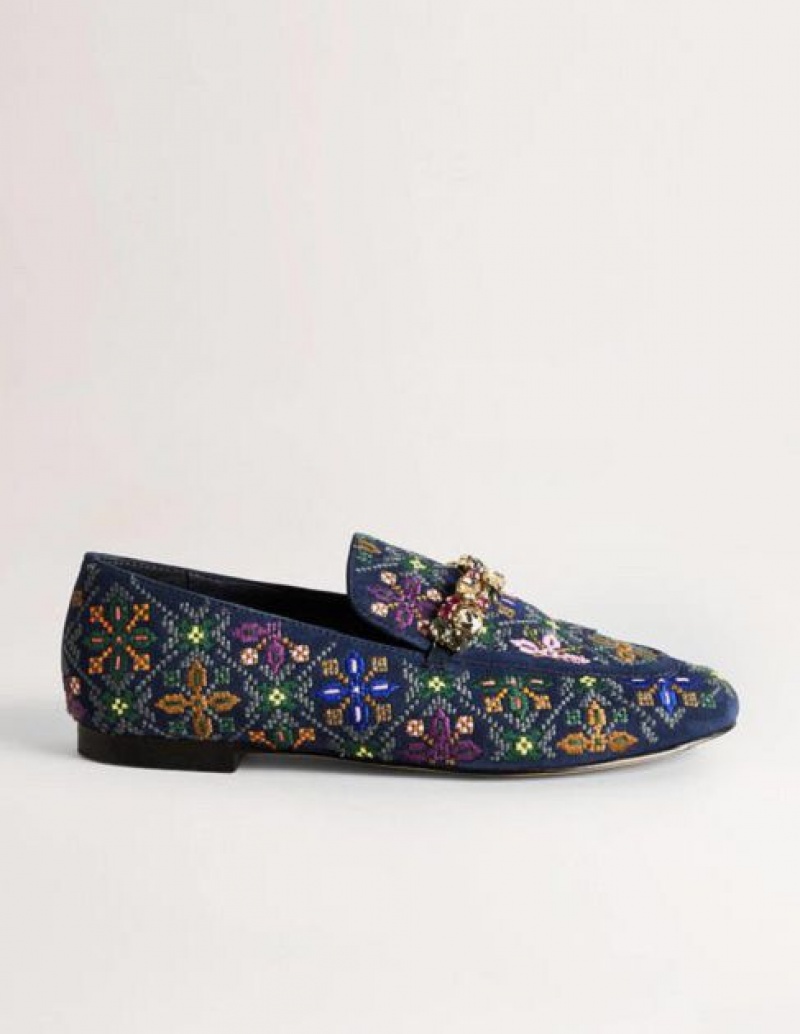 Navy Women's Boden Embroidered Suede Loafers | 07659BCPO