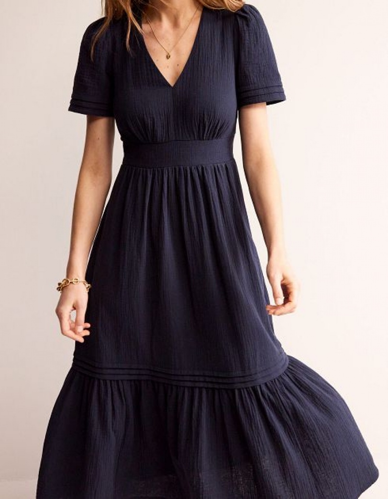 Navy Women's Boden Eve Double Cloth Midi Dress | 87092RNBA