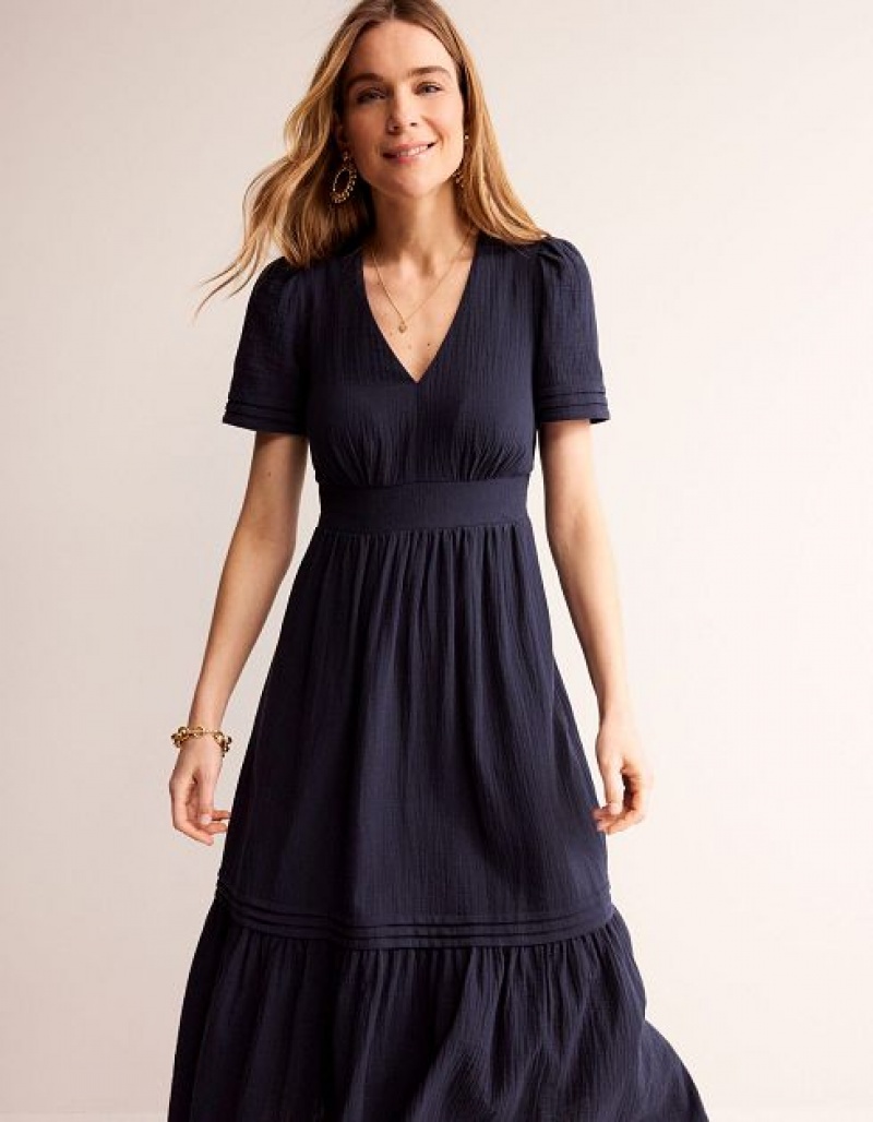 Navy Women's Boden Eve Double Cloth Midi Dress | 87092RNBA