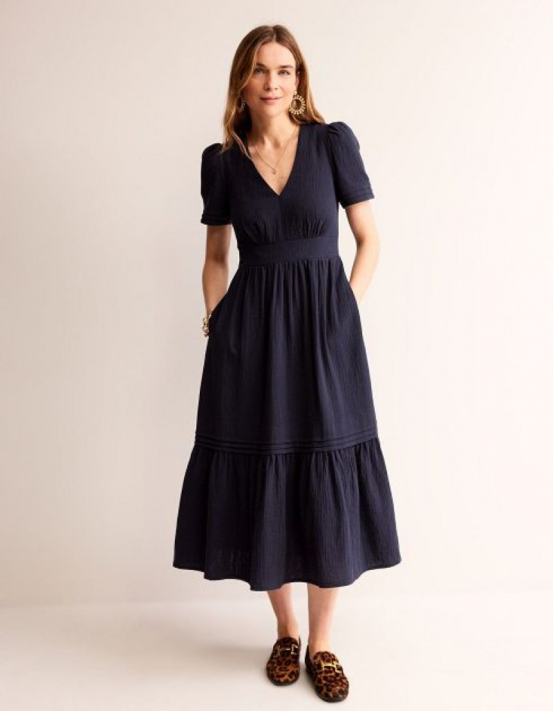 Navy Women\'s Boden Eve Double Cloth Midi Dress | 87092RNBA