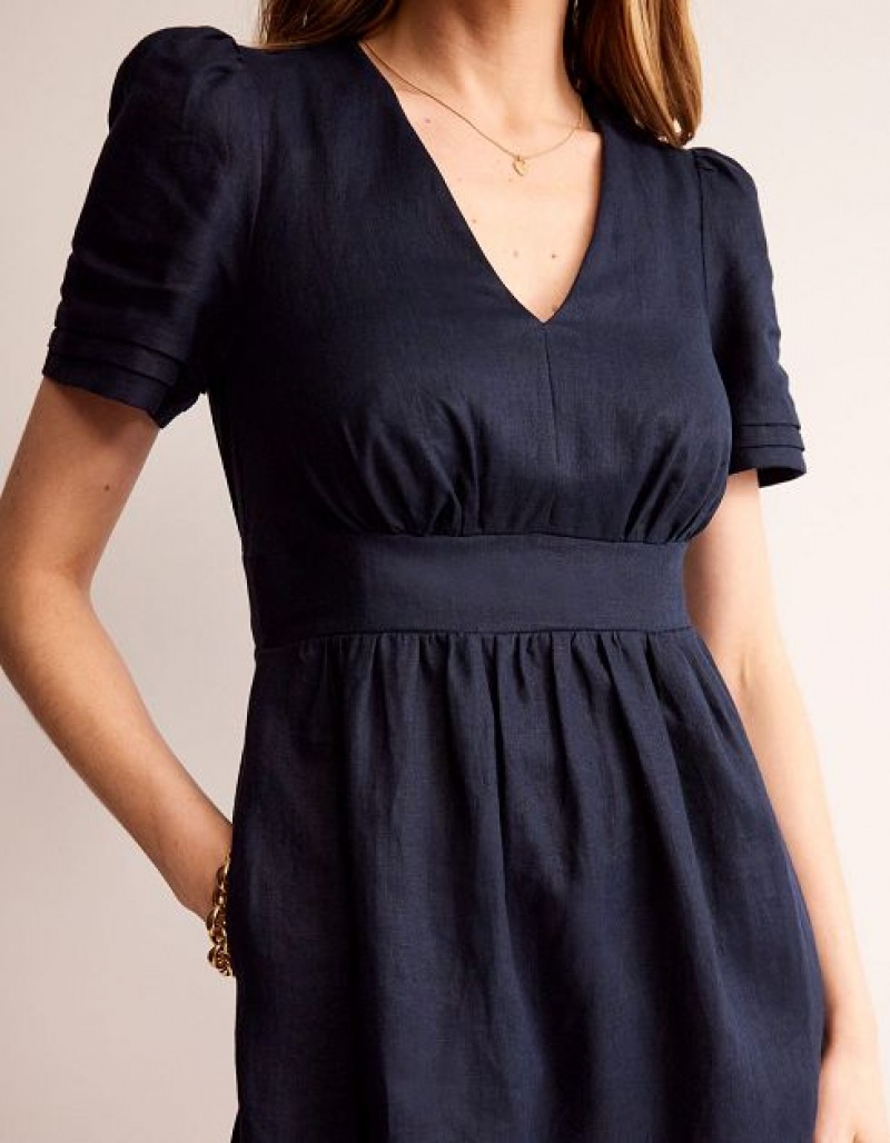 Navy Women's Boden Eve Linen Short Dress | 18039XDAO