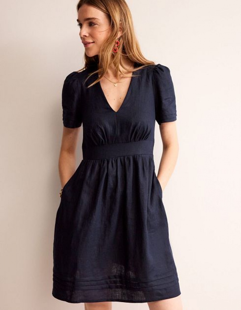 Navy Women's Boden Eve Linen Short Dress | 18039XDAO