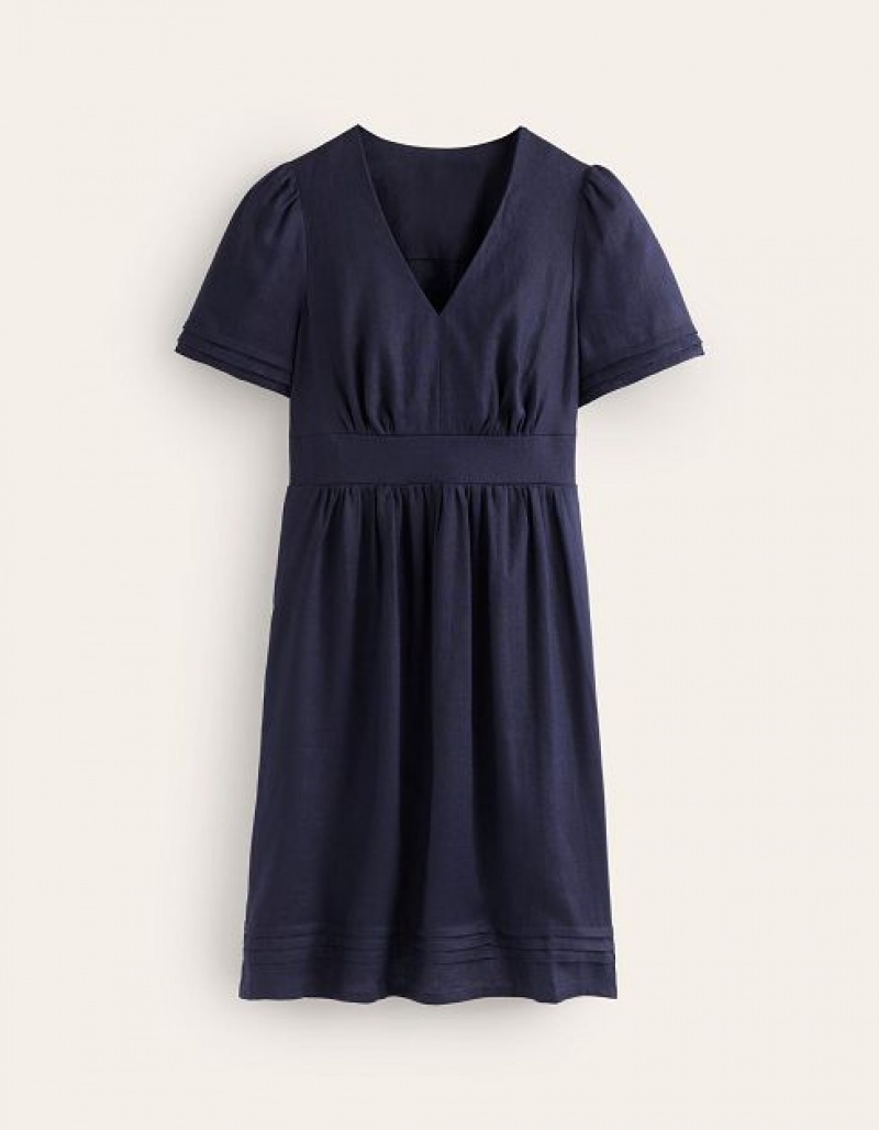 Navy Women's Boden Eve Linen Short Dress | 18039XDAO